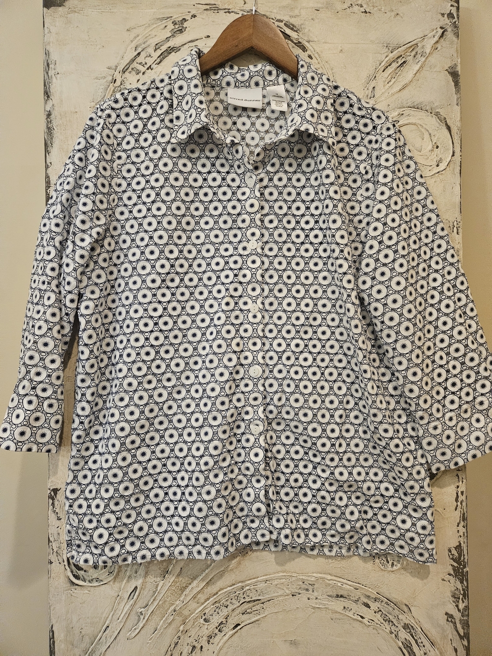 Alfred Dunner Navy and White Geometric Button-Down Shirt